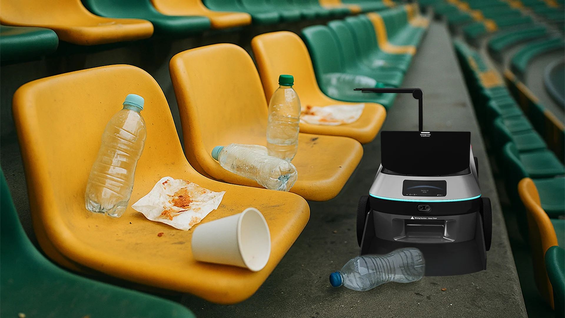 ZEAT working a littered grandstand, arm raised and collection lid open