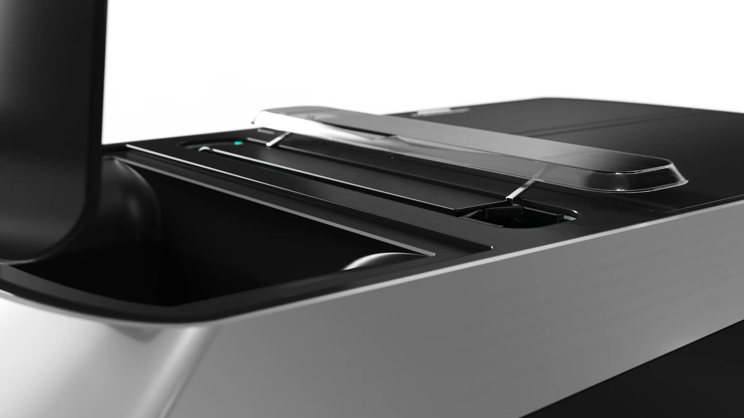Detail of the top deck: open hopper, clear intake cover, and indicator light