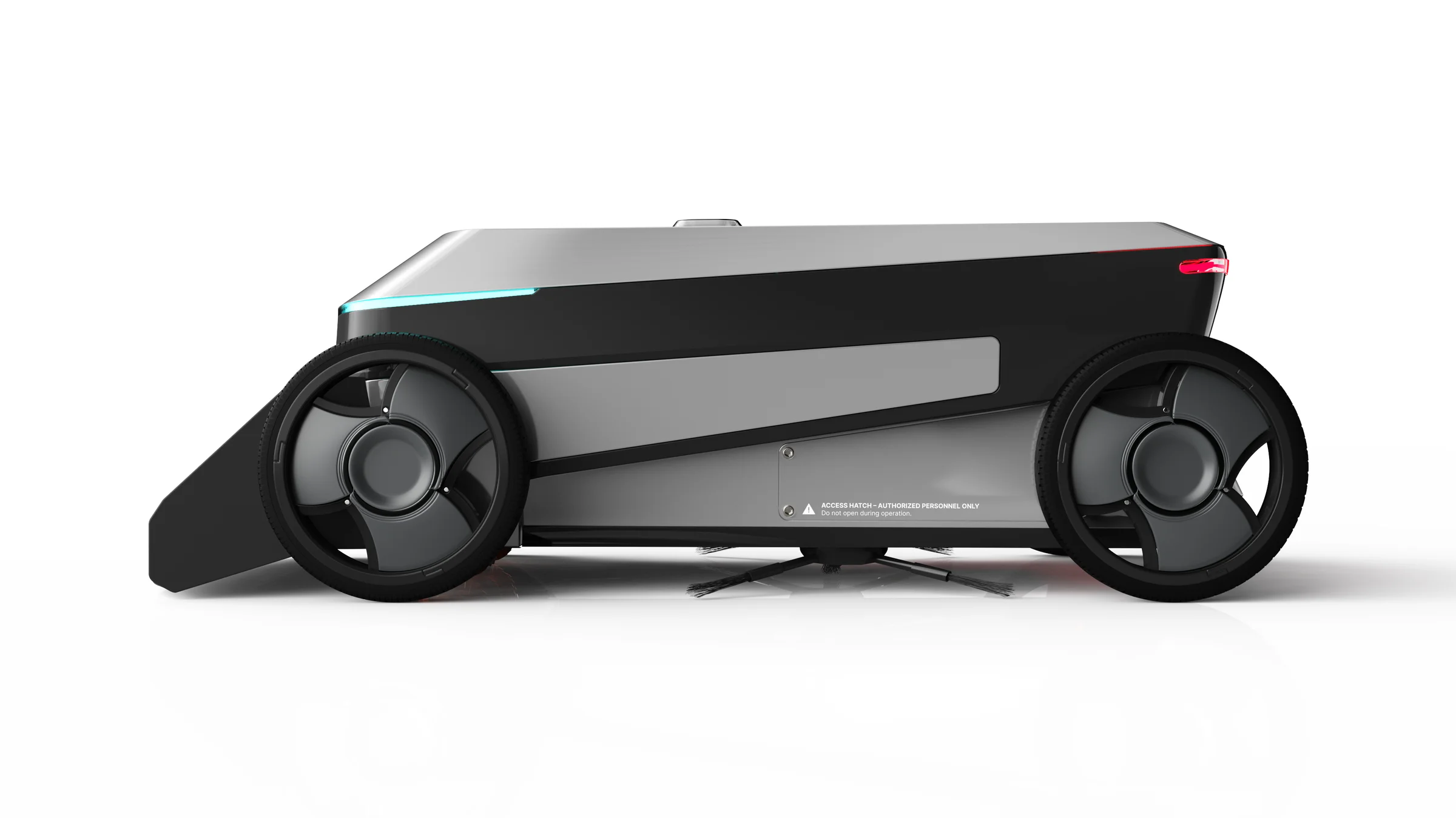 Side profile: front scraper ramp, large drive wheels, underbody brushes