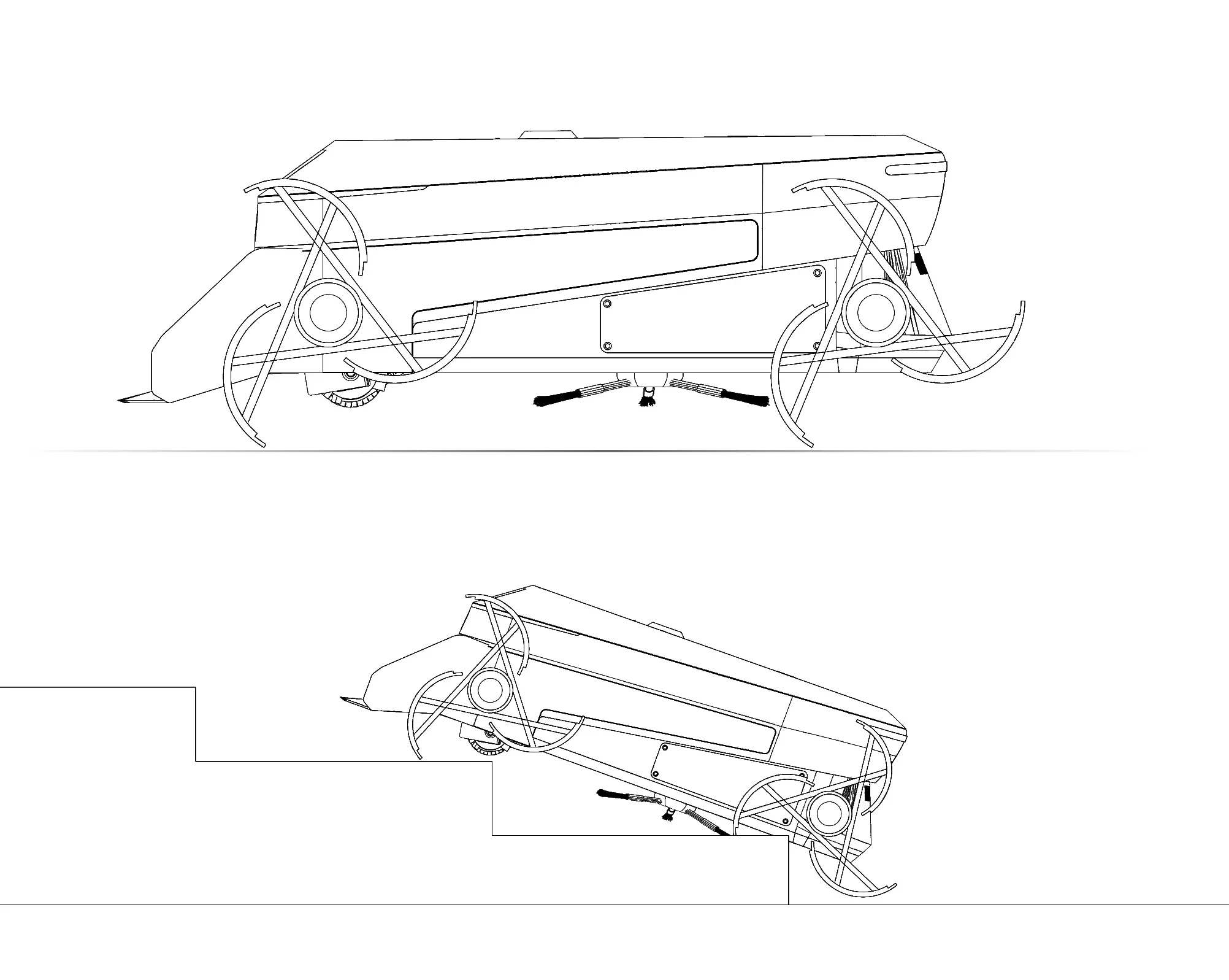 Two states of the shape-morphing wheel: spokes deployed on flat ground, and the machine descending a grandstand step