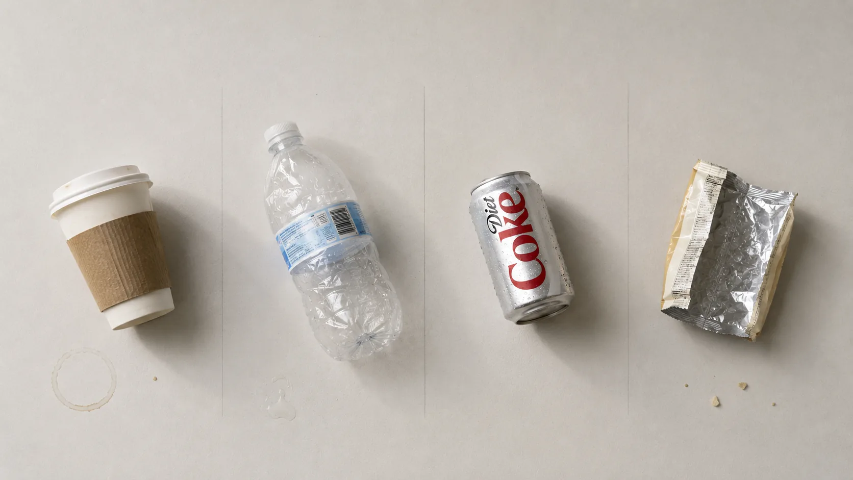 Typical grandstand trash: paper cups, snack packaging, bottles, cans, and crumpled napkins