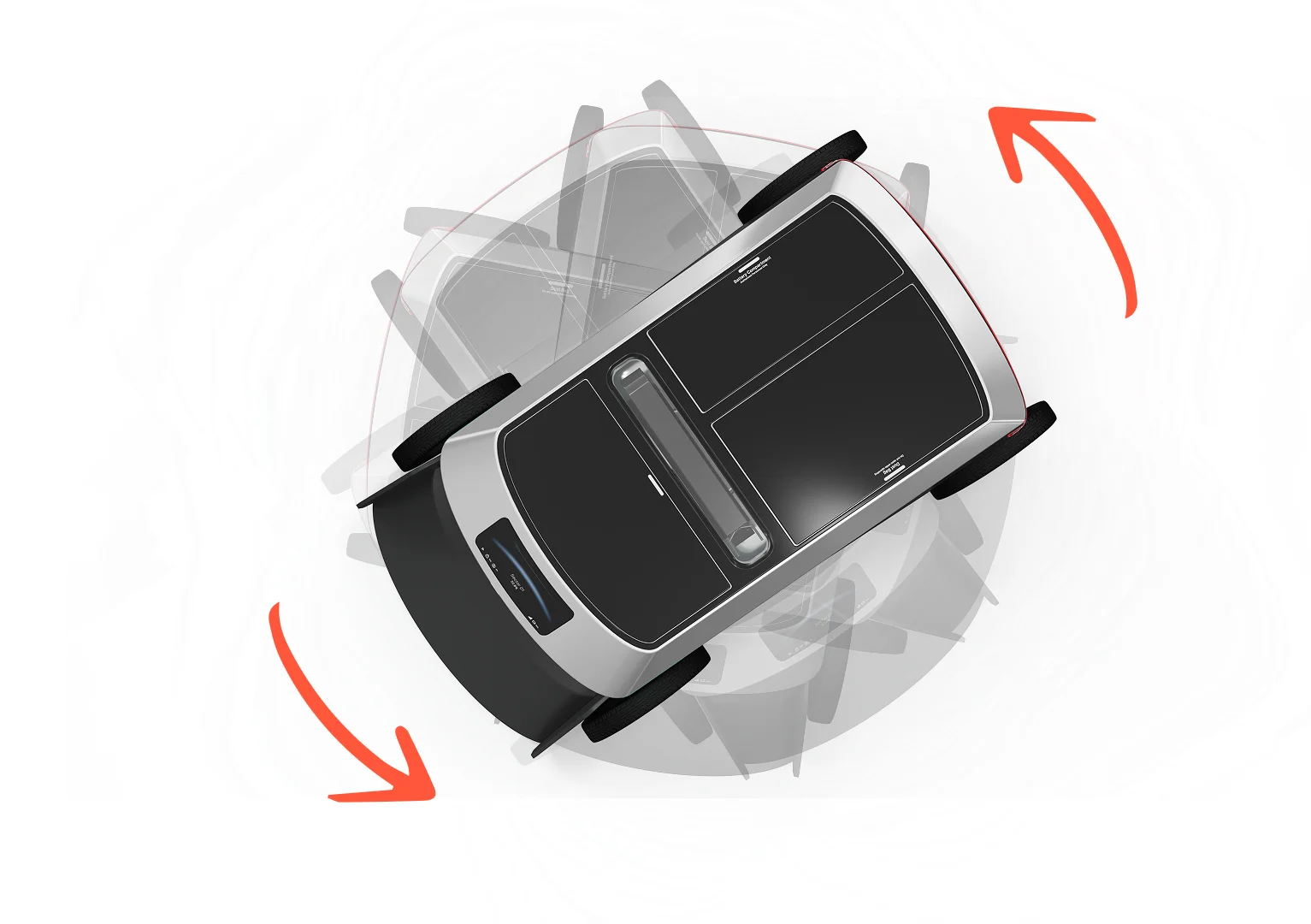 Top-down view with rotation arrows showing ZEAT pivoting in place on its four independently driven wheels
